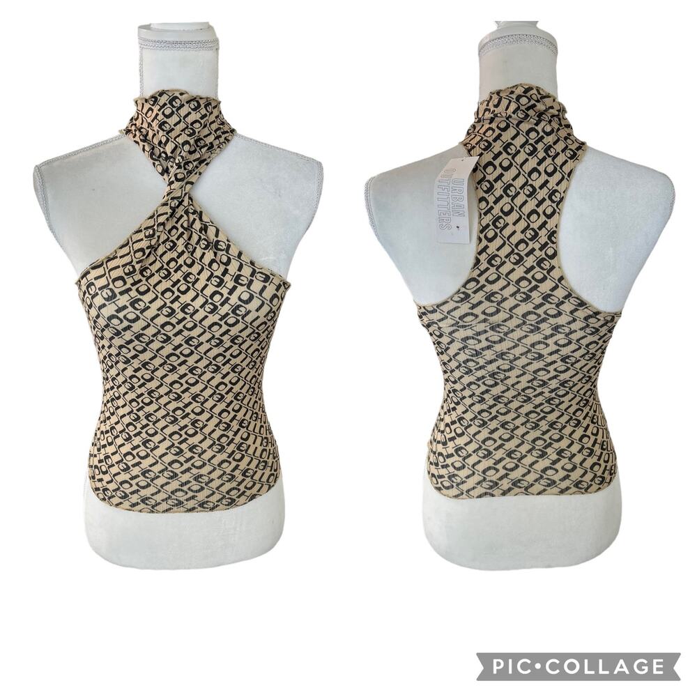 NWT Urban Outfitters Alba Halter Top Black Beige Printed Racerback Size Small - Picture 1 of 14